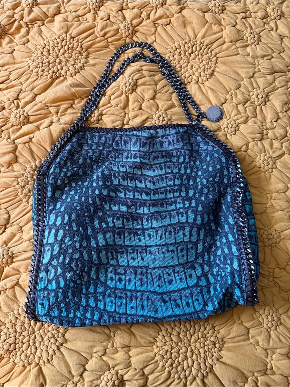 Stella McCartney Teal and Black Croc-Print Chain Shoulder Bag